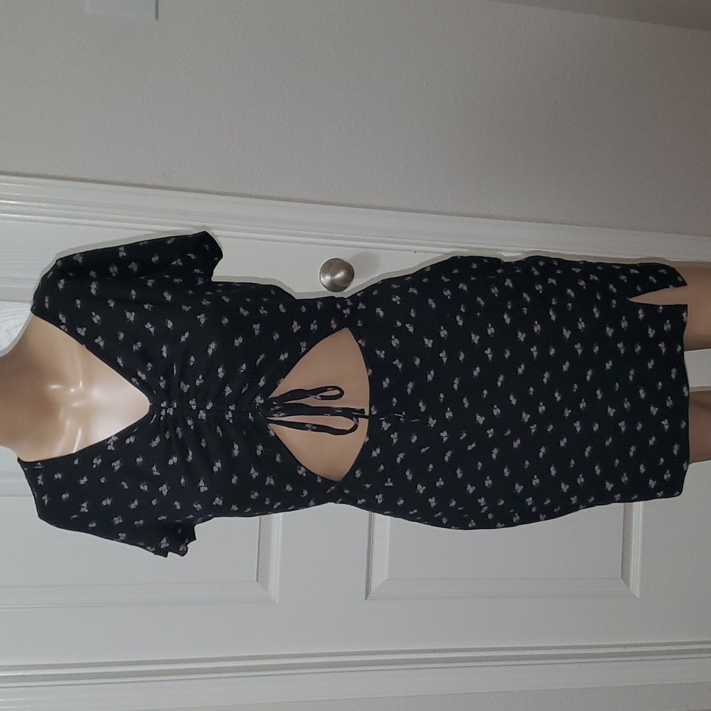 Hesperus L cutout stomach ribbed mini dress thigh slit lilac floating flowers - Picture 1 of 8